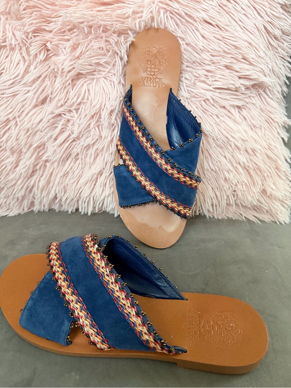 Vince Camuto Navy Braided-Trim Slide Sandals
